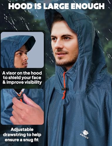 ANYOO Waterproof Hooded Rain Poncho for Adults with Zipper - Blue