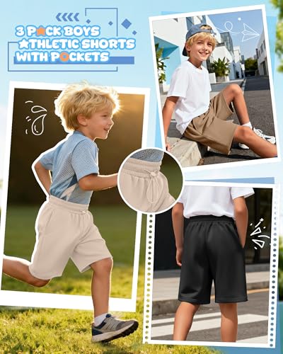 Kids Athletic Shorts 3 Pack Boys Casual Knee Length Sports Shorts