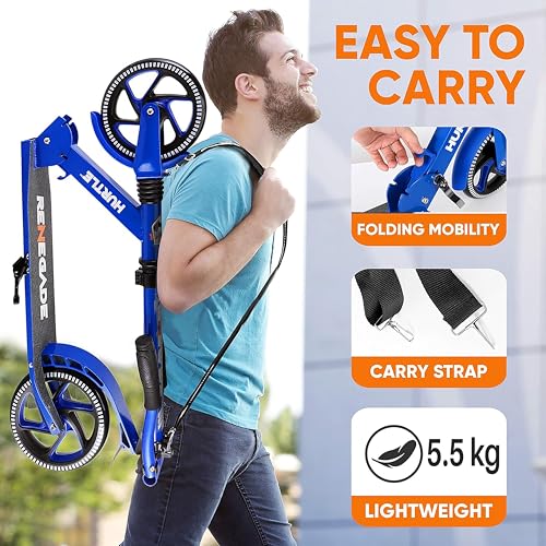 Hurtle Renegade Blue Kids & Teen Folding Kick Scooter - Adjustable T-Bar, Alloy Deck