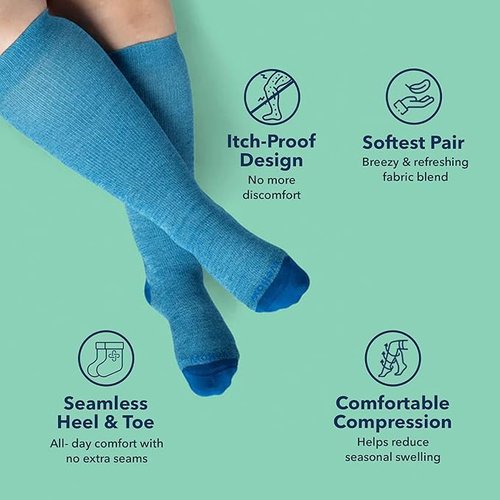Wellow Wide Calf Compression Socks for Men & Women, 18-25 mmHg Made with Viscose from Bamboo, Nurses & Pregnancy Support, Relieves Swelling, Knee High, LW, Cobalt Dot Wide Calf