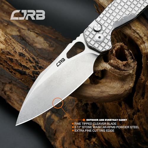 CJRB Frack Pocket Knife Stonewash/CNC, 3.9” AR-RPM9 Steel Blade, PVD Coating, Frag Pattern Handle, Locking EDC Knife for Outdoor Camping