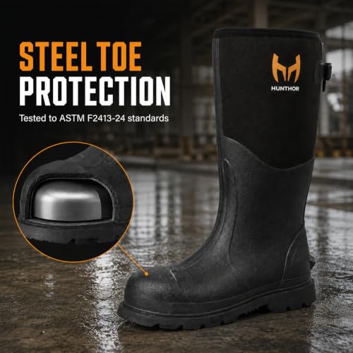 Hunthor Black Steel Toe Rubber Work Boots - Puncture-Proof Safety Shoes, Steel Shank, Size 7