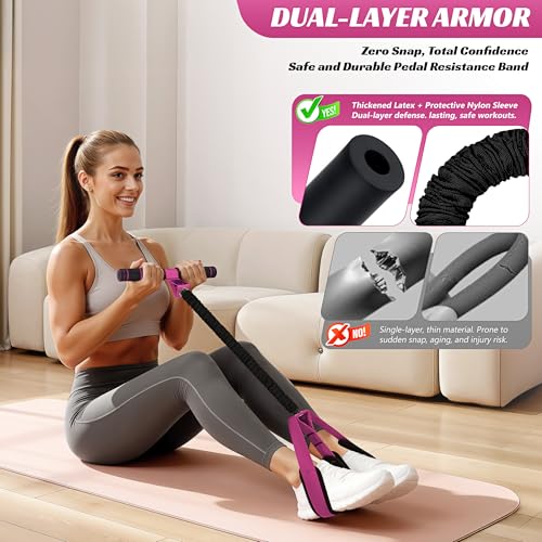Pink Multifunction Pedal Resistance Band with Handle - 50LBS for Core & Full Body Workout