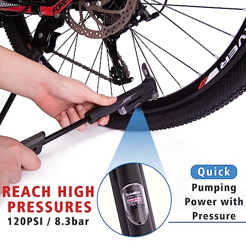 Portable Bike Pump with Pressure Gauge - Compatible with Presta & Schrader Valves, Frame Mount, Tire Repair Kit, 120 PSI