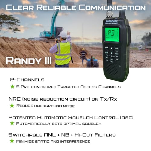 President Randy III FCC Handheld CB Radio with P Channels, 7-Color Display & VOX - Model TXUS722
