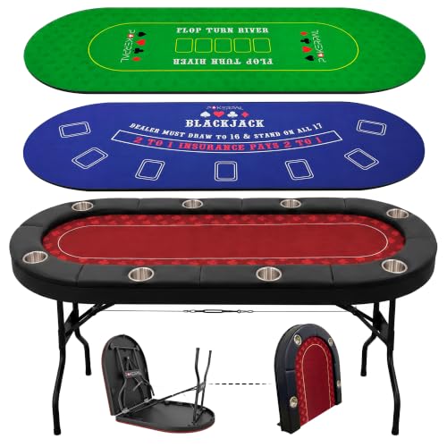 Foldable 8 Player Poker Table with Interchangeable Waterproof Game Mats - Burgundy