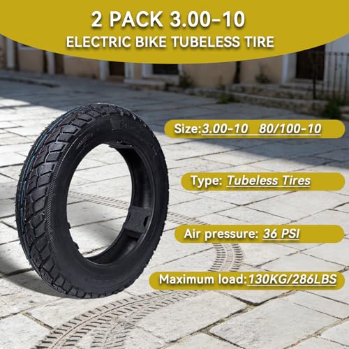 2 Pack 3.00-10 Tubeless Dirt Bike Tires with Valve Stems for Off-Road E-Bikes & Scooters