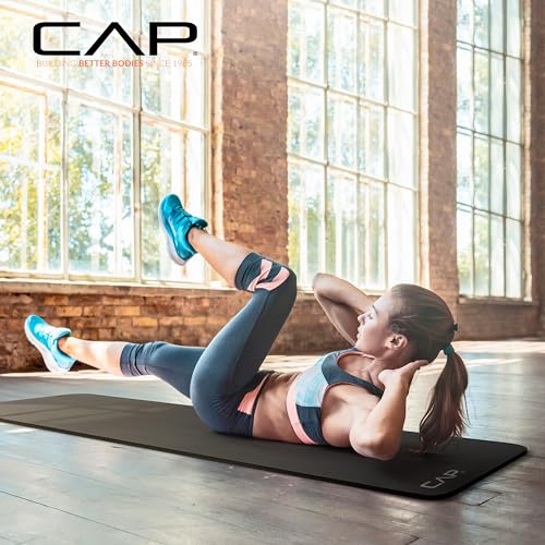 Black Extra Thick 1-Inch Yoga Mat with Strap - Non-Slip Cushioned Exercise Floor Mat