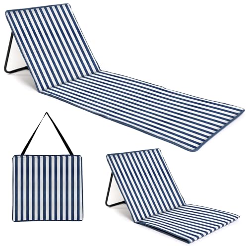 Just Be... Blue Stripes 2-Pack Foldable Beach Chair Mats with Backrest & Storage