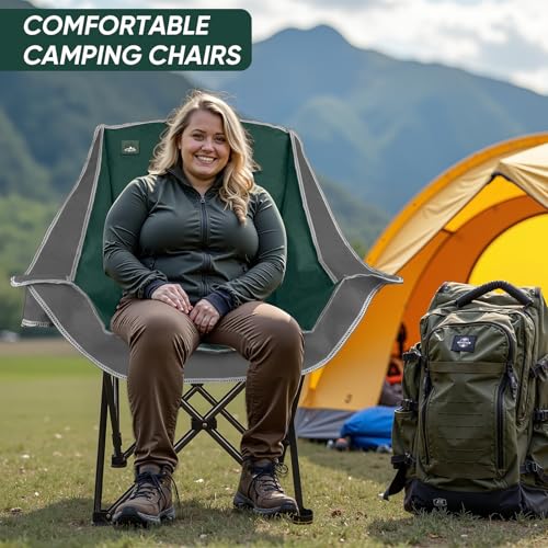Northroad Oversized Padded Camping Chair Grey & Green - Heavy Duty Foldable Lawn Chair with Cup Holder, 300lbs Capacity