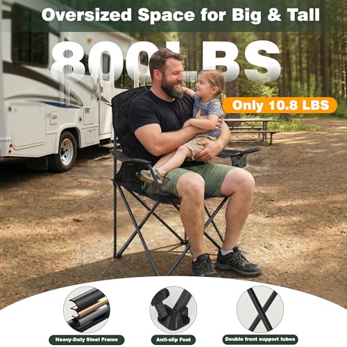 SUNNYFEEL Carbon Black XXL Oversized Camping Chair 800LBS Heavy Duty Folding Lawn Seat with Armrest & Cup Holder