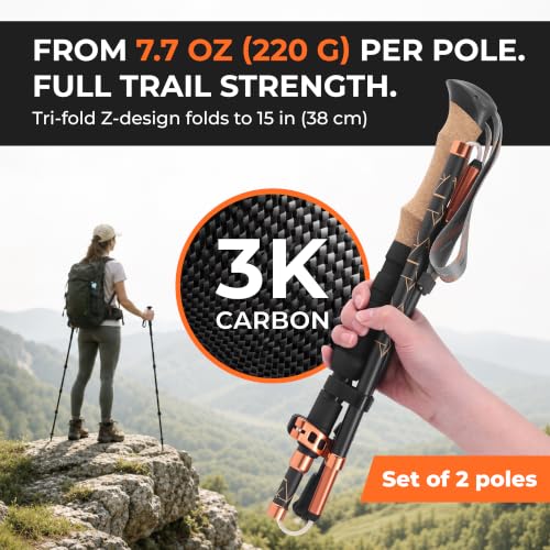 Trekology Trek-Z Prima 3K Carbon Fiber Hiking Poles Pair - Ember Orange, 100-120cm