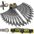 KJE 24-Piece Black Nickel Metric & SAE Flex-Head Ratchet Wrench Set, 90-Tooth, 8-19mm & 1/4"-7/8" with Organizer Bag