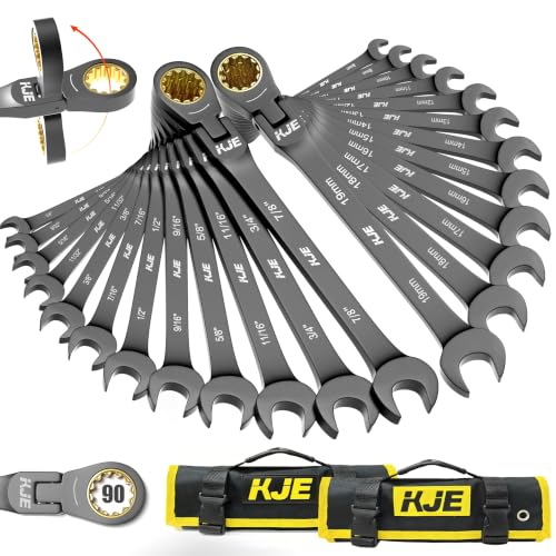 KJE 24-Piece Black Nickel Metric & SAE Flex-Head Ratchet Wrench Set, 90-Tooth, 8-19mm & 1/4"-7/8" with Organizer Bag