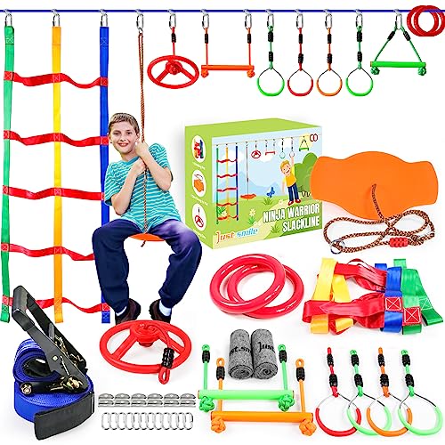 Kids Ninja Warrior Obstacle Course 52ft Slackline with 11 Accessories - Outdoor Climbing & Play Set