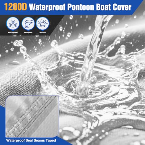 YimSting 1200D Waterproof Pontoon Boat Cover 21-24ft Gray with Support Poles