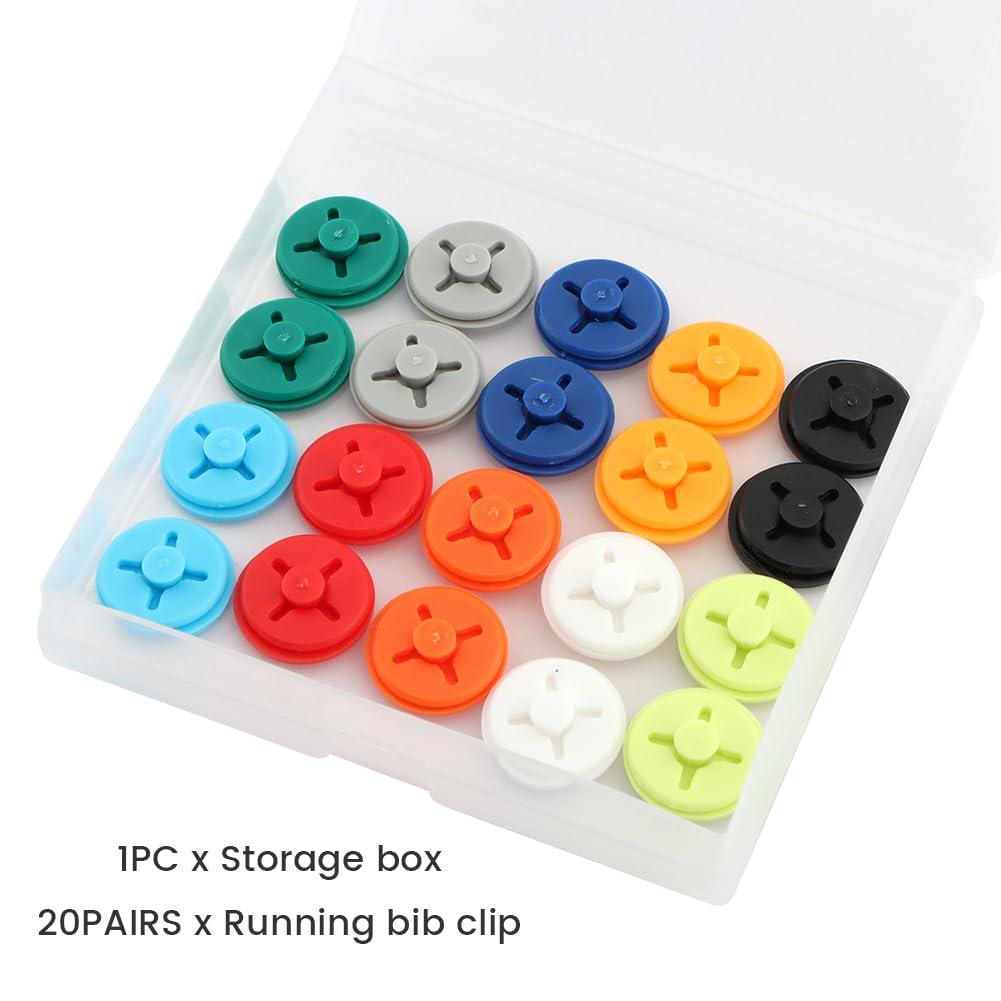 Skiennix Running Bib Clips - 20 Pairs Number Buckle Fixing System for Triathlons & Races | Includes Storage Box