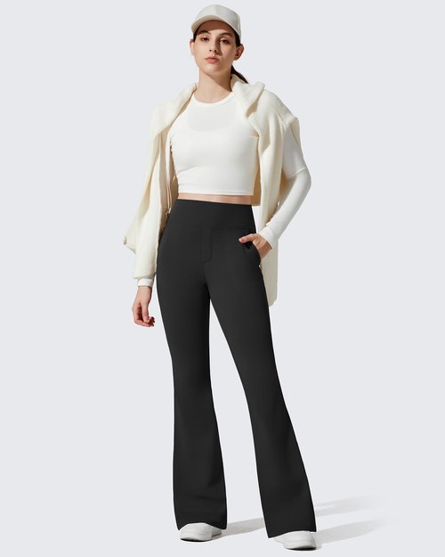G4Free Fleece Lined Pants Women High Waist Flare Winter Leggings with Pockets Thermal Trousers for Yoga Causal Workout(Black,M,31'')