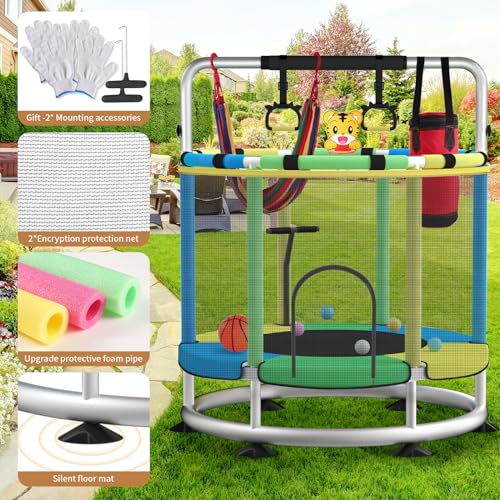 Kids Indoor Outdoor Trampoline with Basketball Hoop - Adjustable Light Blue & Green