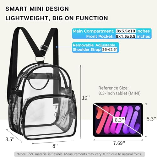 Mini Clear Convertible Backpack - Black for Concerts, Small 2-in-1 Bag
