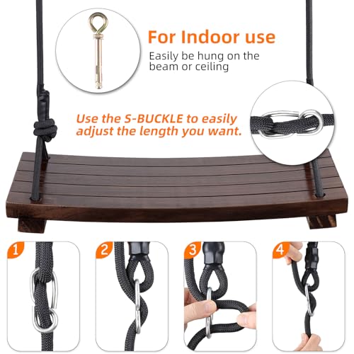 Pelior Brown Wood Swing Seat for Adults & Kids, 23.6 x 9.8 Inch Outdoor Porch & Backyard Play, Waterproof & Heavy-Duty 550 lbs