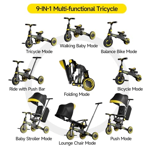 Kids Tricycle 9-in-1 Foldable with Push Handle & Canopy - Black