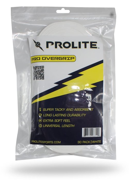 PROLITE Pro Overgrip - 30 Pack - White - Tacky Thin Grips for Tennis, Pickleball Paddles, Racquetball, Squash, Platform Tennis, Badminton and More - 30 Universal Length White Grips