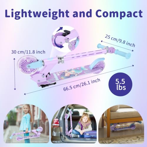 Purple Kids Light-Up 2-Wheel Folding Scooter with Adjustable Height, Lightweight & Portable