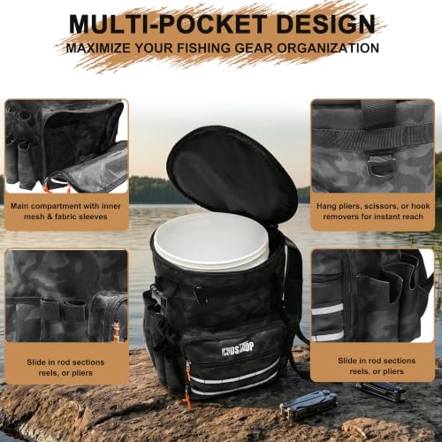 MDSTOP Black Camo Fishing Bucket Backpack with Seat & Tackle Storage