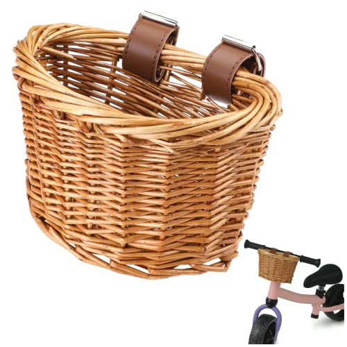 Kids Bike Basket with Adjustable PU Belts - Handmade Woven Rattan, Brown