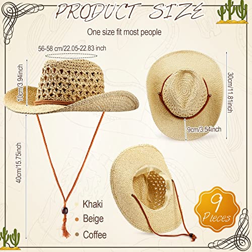 9 Pack Straw Cowboy Hats for Women Men - One Size Khaki Beige Coffee