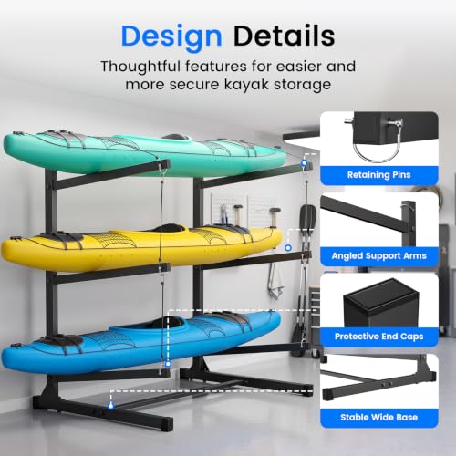 3-Level Kayak Storage Rack, Freestanding Steel Stand for Garage