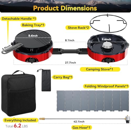 VELUVIA Light Red 2 Burner Propane Camping Stove with Windshield & Carry Bag