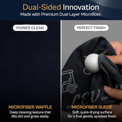 LEV LINA Magnetic Golf Towel for Bag, N52 Strong Magnet, 24" x 16" Dual-Sided Microfiber Waffle & Suede, Ultra Absorbent, with Tee Holder & Gift Box (Black)