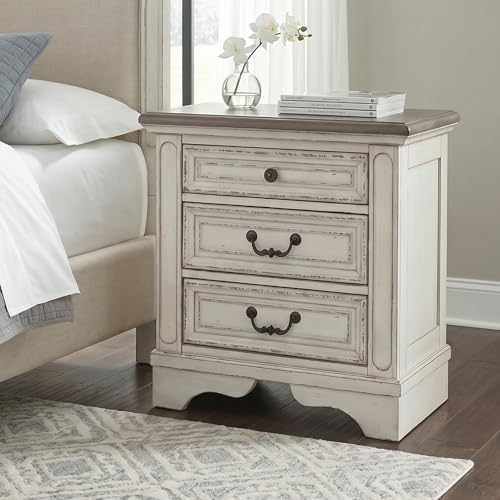Chipped White 3-Drawer Nightstand with Charging Station - Cottage Chic
