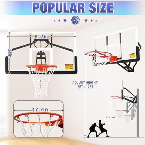 54.5-Inch Wall Mount Basketball Hoop with Shatterproof Backboard & Adjustable Height