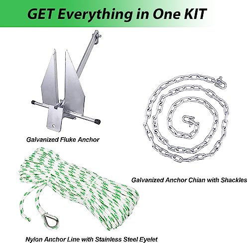 Boat Anchor Kit 10LB Fluke Anchor with Chain and Rope - Fits 16-26 FT Boats