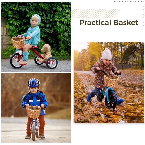 Kids Bike Basket with Adjustable PU Belts - Handmade Woven Rattan, Brown