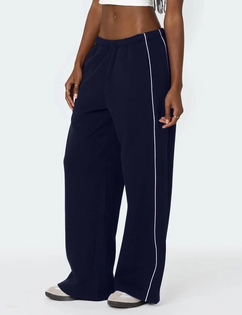 HeSaYep Women's Fleece Lined Sweatpants Wide Leg Baggy Sweat Pants High Waisted Drawstring Cute Sherpa Y2k Pants with Pockets, Navy Blue L