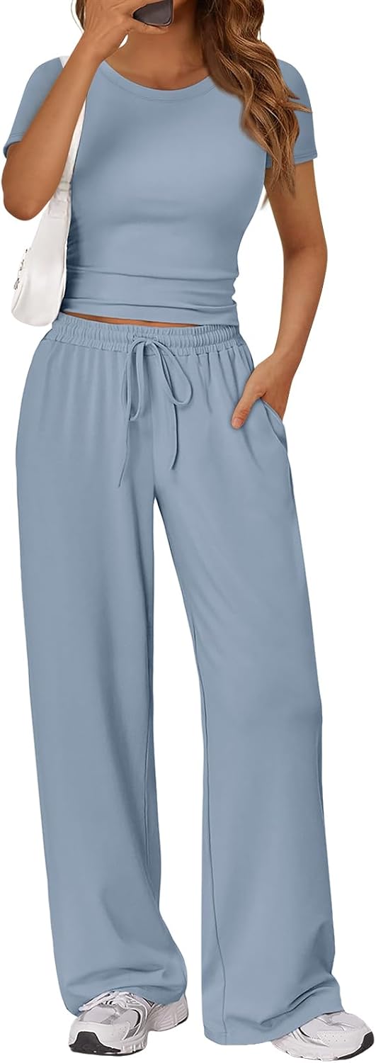 Trendy Queen 2 Piece Matching Summer Sweatsuit Lounge Set Womens Wide Leg Pants Side Ruching Crop Top Sets