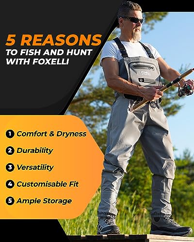 Foxelli Breathable Fly Fishing Waders Large Grey for Men & Women
