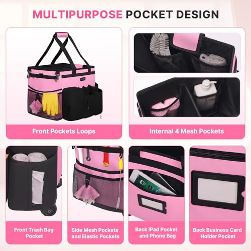 JKAOO Large Pink Rolling Cleaning Caddy Bag with Detachable Trolley - 16 x 11.8 x 13 inches
