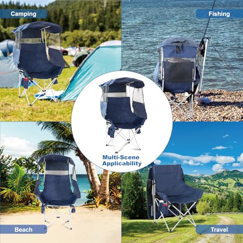The Treasmap Navy Blue Folding Camping Chair with Canopy & Shade - Portable Outdoor Beach & Fishing Seat for Adults