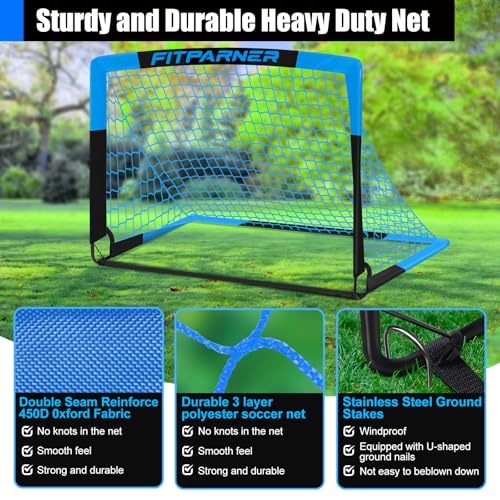 FITPARNER Kids Soccer Goals Set 6x4 FT Blue/Black Portable Pop Up Nets with Ball & Cones