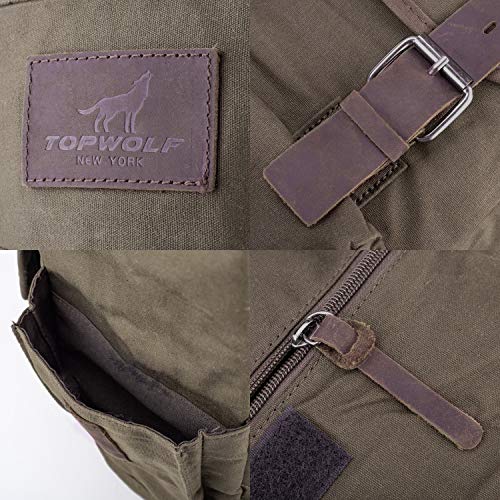 Green Waterproof Waxed Canvas Backpack for Men Travel Rucksack with Leather Trim - One Size