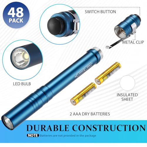 Blue Pocket LED Flashlights Pen Set Bulk 48 Pack Aluminum Clip Handheld Torches for Camping Hiking Emergency
