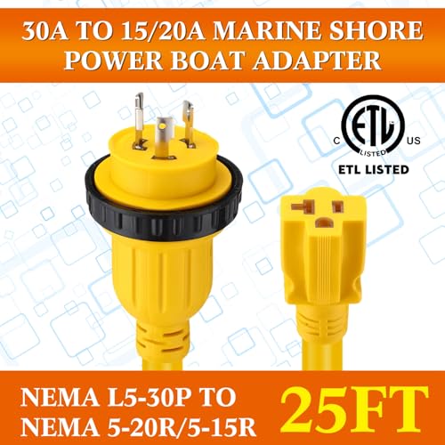 25FT Marine Shore Power Adapter Cord 30 Amp to 15 Amp Locking