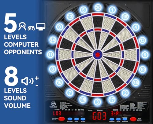 WIN.MAX Black Electronic Dart Board with Cabinet Set, 8-Player Color Light & Auto Scoring