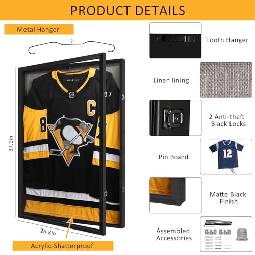 Zmiky Large Black Jersey Display Frame 26x37 with Lock & UV Protection – Shadow Box for Sports Jerseys & Memorabilia, Includes 2 Locks & Black Variation