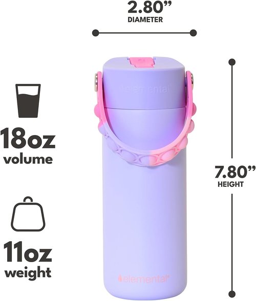 Elemental Insulated Kids Water Bottle - Leak-Proof Stainless Steel with Straw Lid & Pop-It Handle | 18oz Lilac Tie Dye